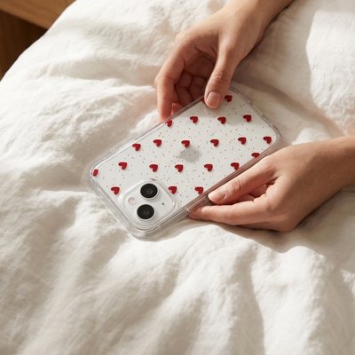 coque transparente motif petits cœurs rouges répartis sur drap