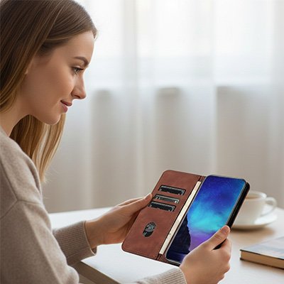 etui telephone marron ouvert en main