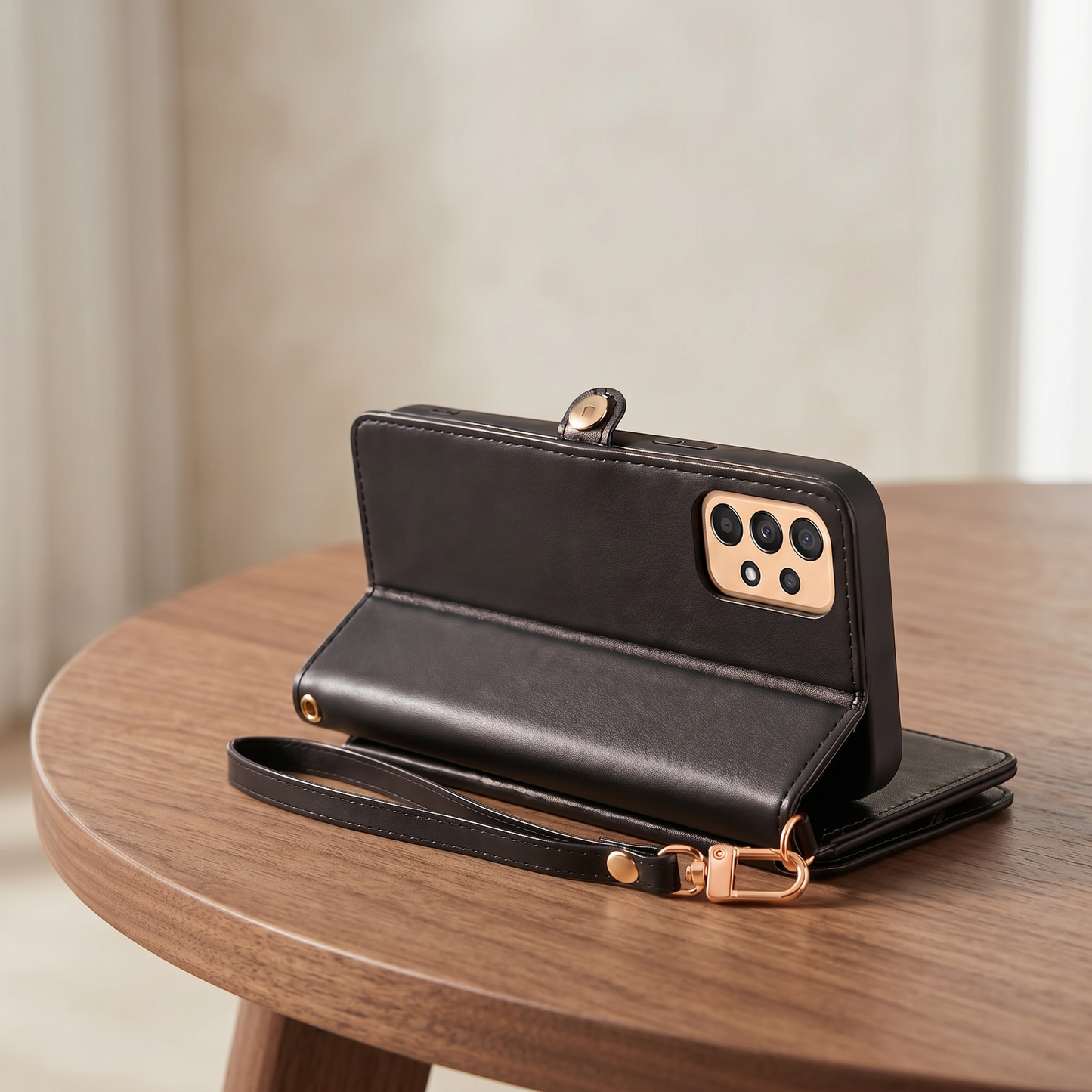etui telephone noir sur table bois