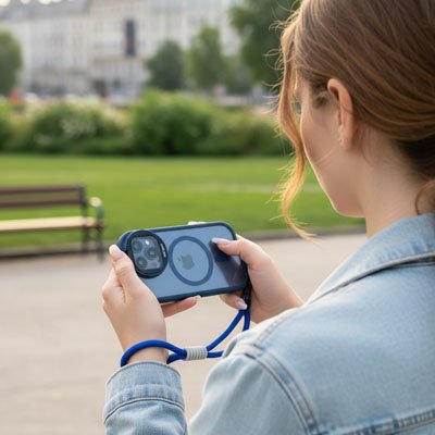 coque transparente bleue style moderne en mains