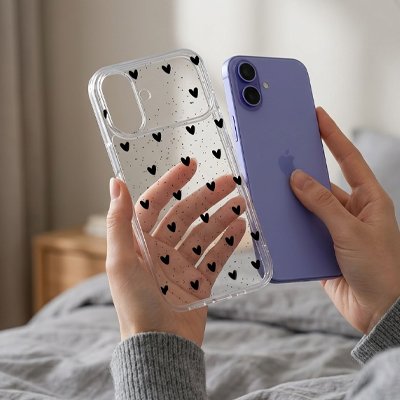 coque transparente motif petits cœurs noirs répartis