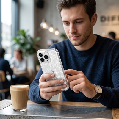 coque transparente nacree blanche en mains