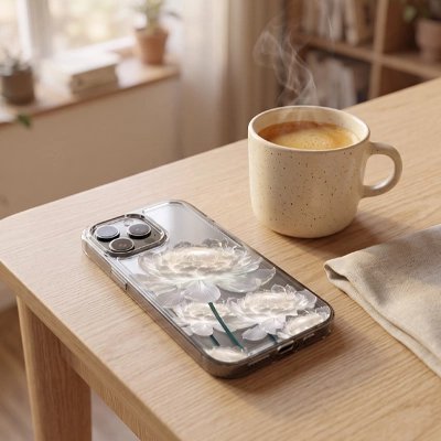 coque transparente pivoine blanche