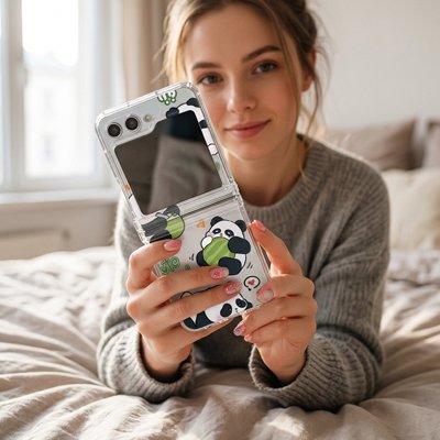 Coque transparente  pliable motif panda kawaii en mains