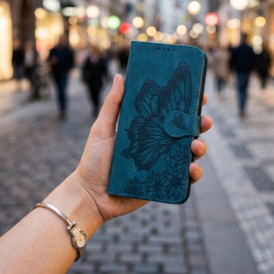 etui telephone bleu motif papillon en main gauche