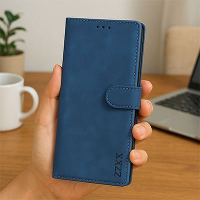 etui telephone bleu tenu en main
