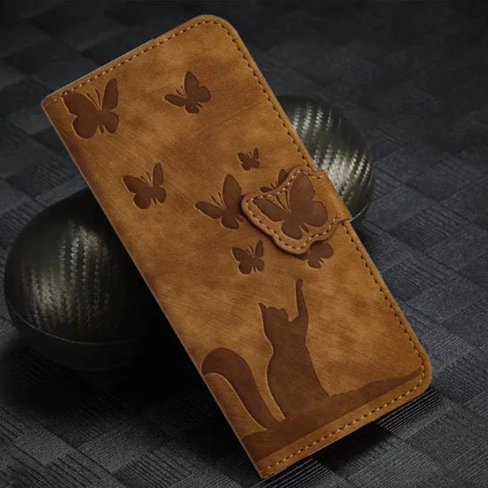 etui telephone marron chat papillons