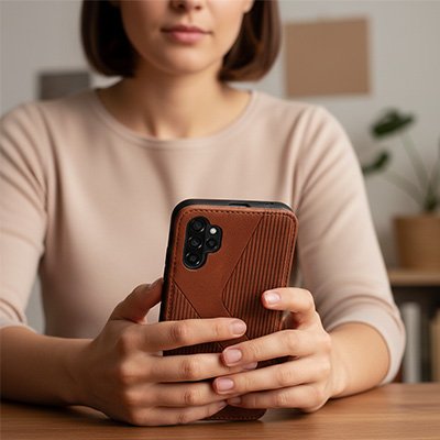 etui telephone marron en main