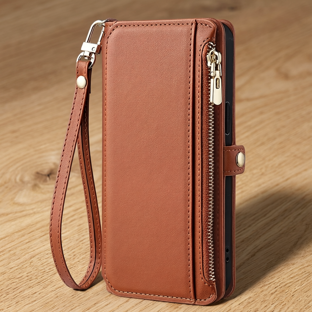 etui telephone marron sur table bois