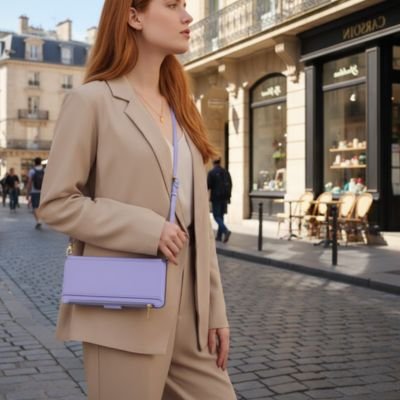 etui telephone mauve porté en bandouliere femme