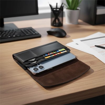 Etui telephone noir horizontal ouvert sur table bois