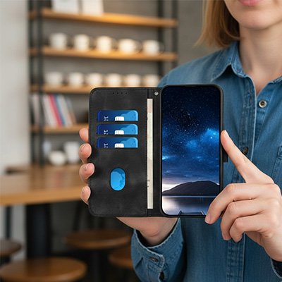 etui telephone noir ouvert en main
