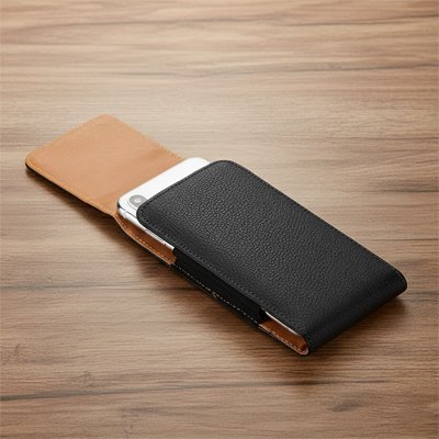 etui telephone noir ouvert vertical sur table bois