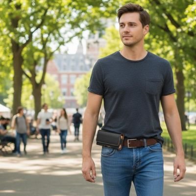 etui telephone noir porté à la ceinture par jeune homme