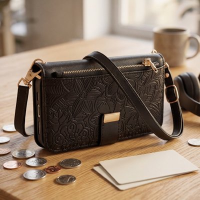 etui telephone noir sur table bois