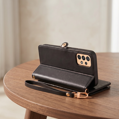 etui telephone noir sur table bois