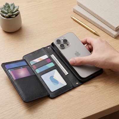 etui telephone noir table bois