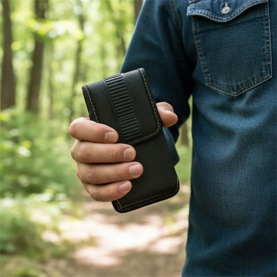etui telephone noir vertical en main