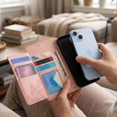 etui telephone ouvert rose en main