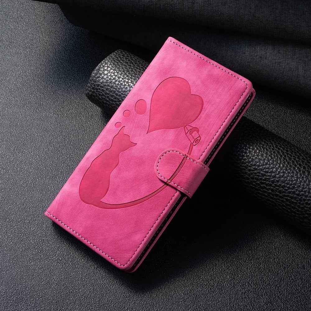 etui telephone rose motif chat coeur table noir