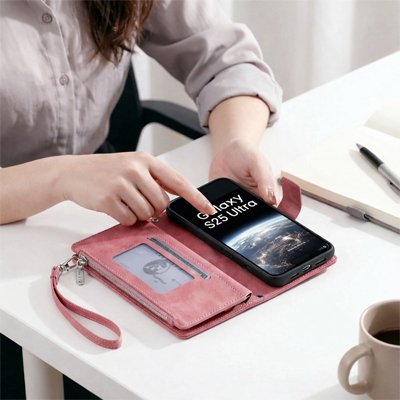 etui telephone rose ouvert sur table blanche