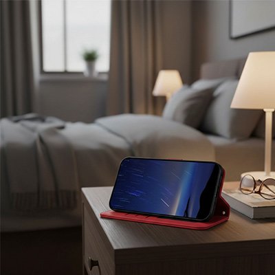 etui telephone rouge ouvert sur table bois