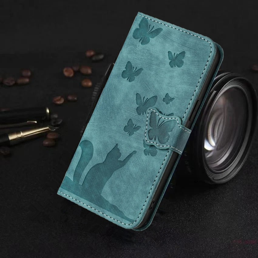 etui telephone vert chat et papillons