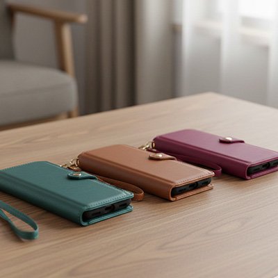 etui telephone vert marron rouge sur table
