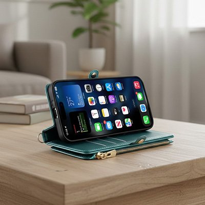 etui telephone vert sur table bois