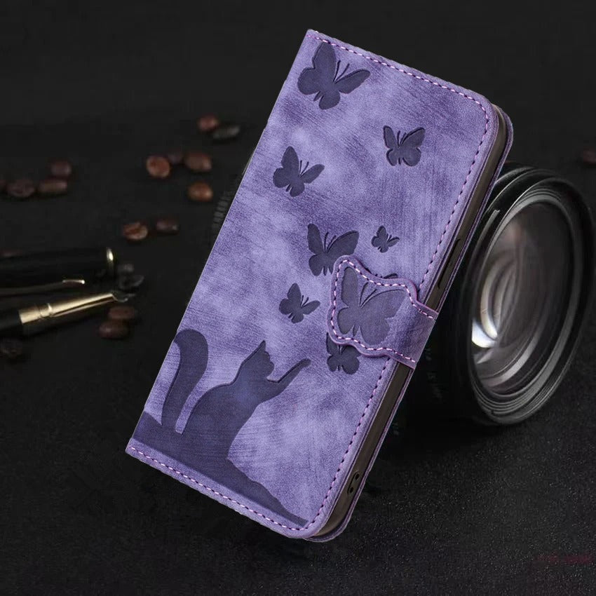 etui telephone violet chat papillons table noire