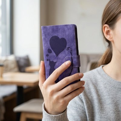 etui telephone violet motif chat coeur en main