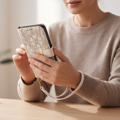 femme assise avec etui telephone gris clair en main