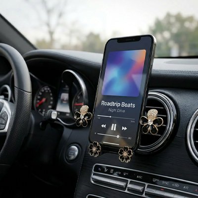 support telephone voiture fleurs noires