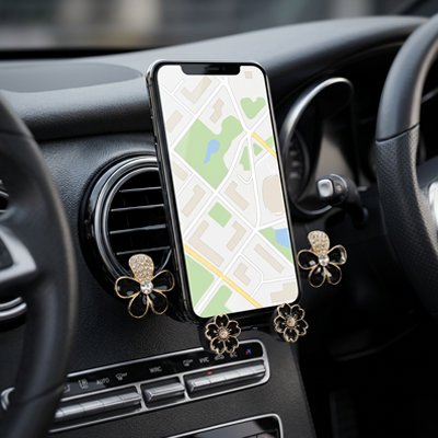 support telephone voiture noir fleurs noires